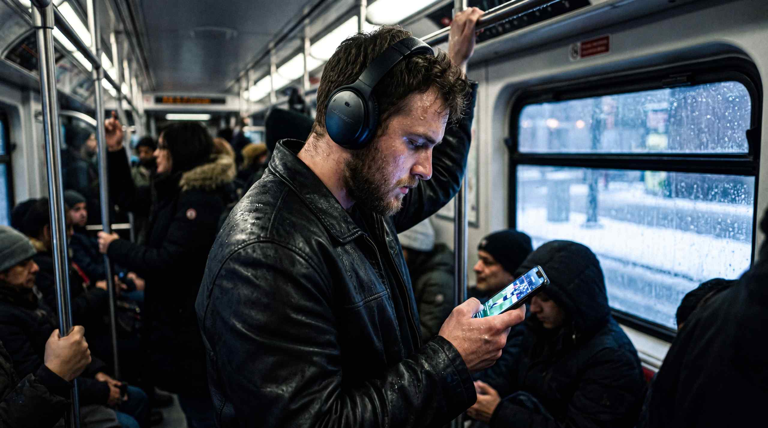 A man watching sports on his phone while taking the train.